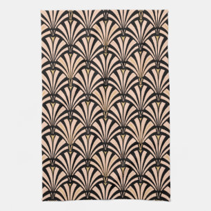 Art Deco fan pattern - peach on black Kitchen Towel