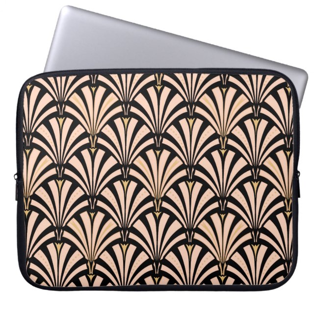 Art Deco fan pattern - peach on black Laptop Sleeve (Front)