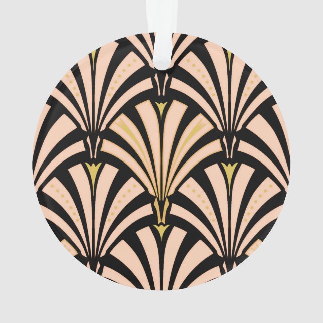 Art Deco fan pattern - peach on black Ornament (Back)