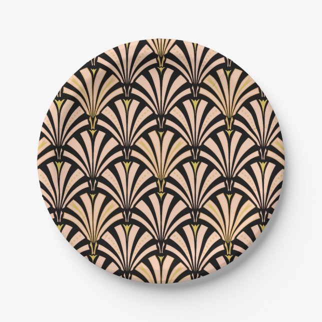 Art Deco fan pattern - peach on black Paper Plates (Front)