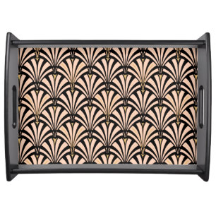 Art Deco fan pattern - peach on black Serving Tray