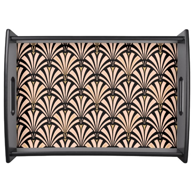 Art Deco fan pattern - peach on black Serving Tray (Front)