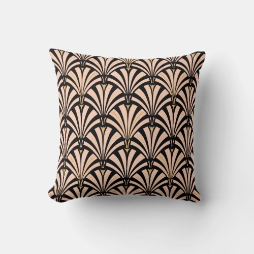 Art Deco fan pattern _ peach on black Throw Pillow