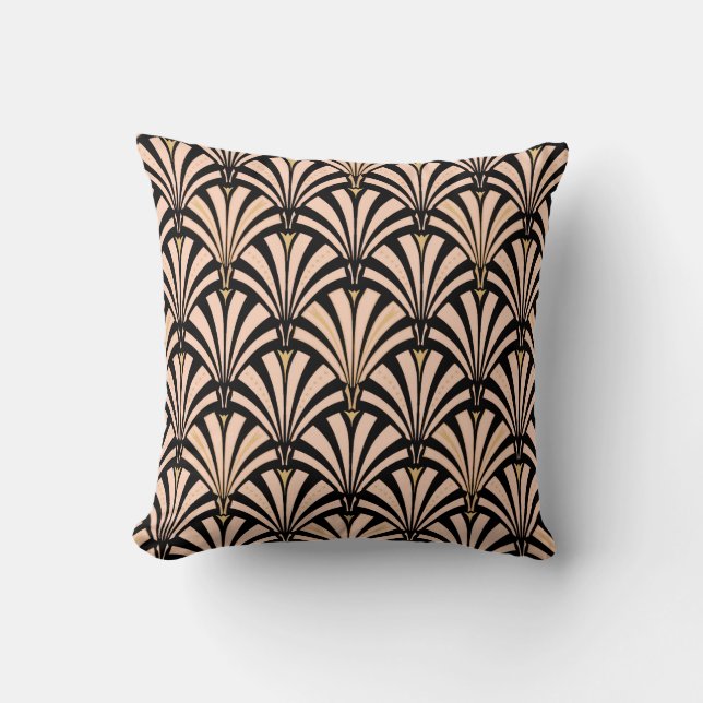 Art Deco fan pattern - peach on black Throw Pillow (Front)