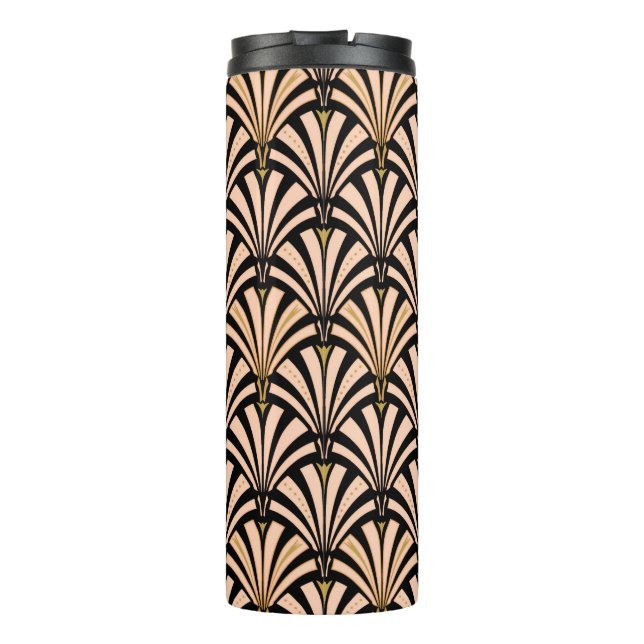 Art Deco Fan Pattern, Peach Pink on Black Thermal Tumbler (Back)