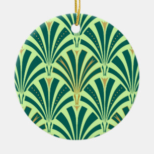 Art Deco fan pattern - pine and mint green Ceramic Ornament
