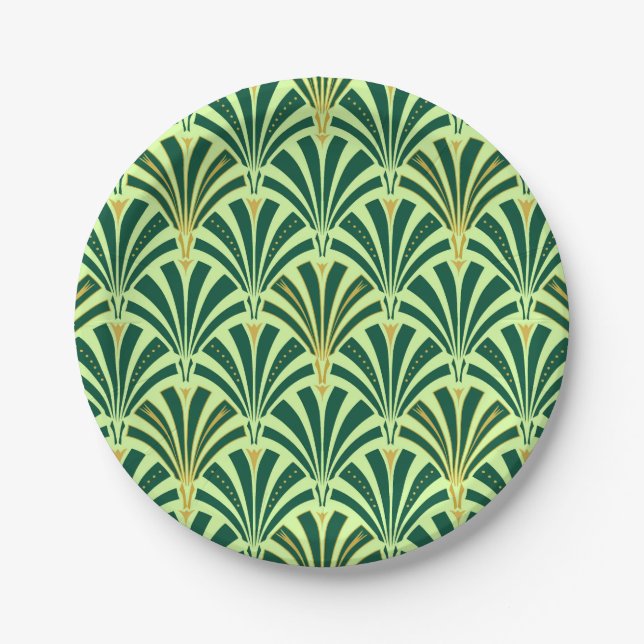 Art Deco fan pattern - pine and mint green Paper Plates (Front)