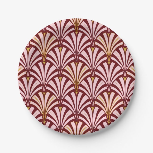 Art Deco fan pattern - pink and burgundy Paper Plates (Front)