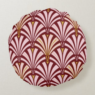 Art Deco fan pattern - pink and burgundy Round Pillow
