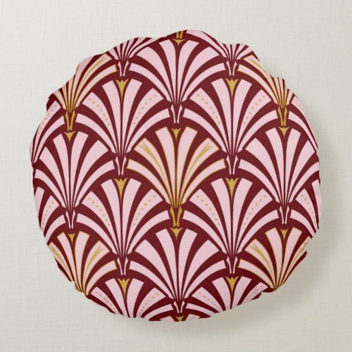 Art Deco fan pattern _ pink and burgundy Round Pillow