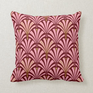 Art Deco fan pattern - pink and maroon Throw Pillow