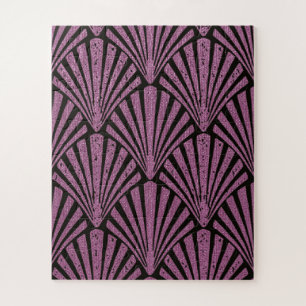 Art Deco, fan pattern, pink, black, metallic, vint Jigsaw Puzzle