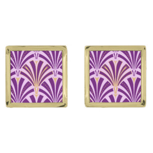 Art Deco fan pattern - purple and orchid Gold Cufflinks
