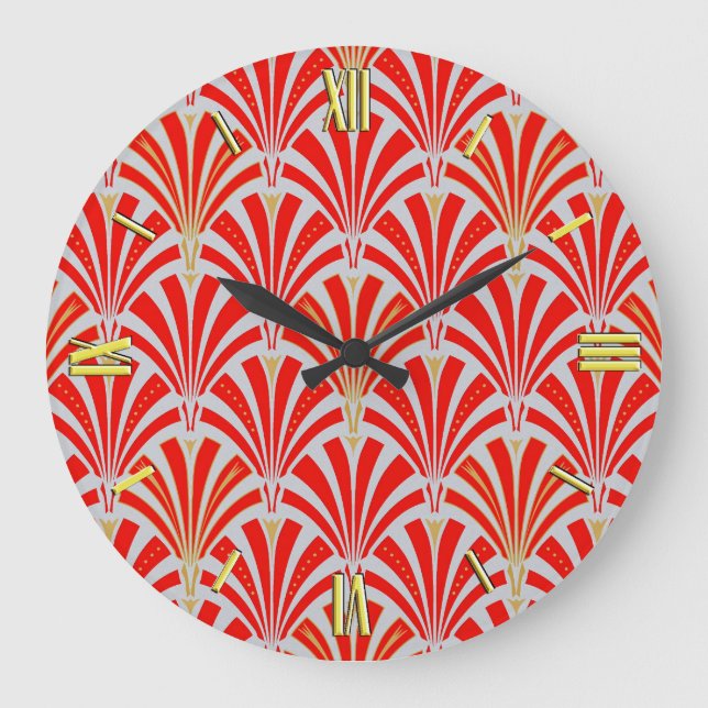 Art Deco fan pattern - red on pearl gray Large Clock (Front)