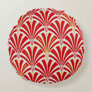 Art Deco fan pattern - red on pearl gray Round Pillow