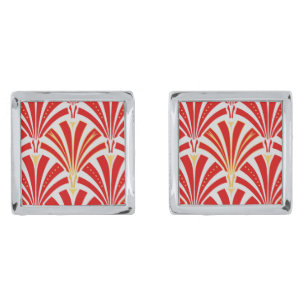 Art Deco fan pattern - red on pearl gray Silver Cufflinks