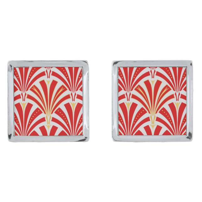 Art Deco fan pattern - red on pearl gray Silver Cufflinks (Front)