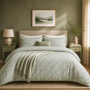 Art Deco Fan Pattern Sage Green Duvet Cover