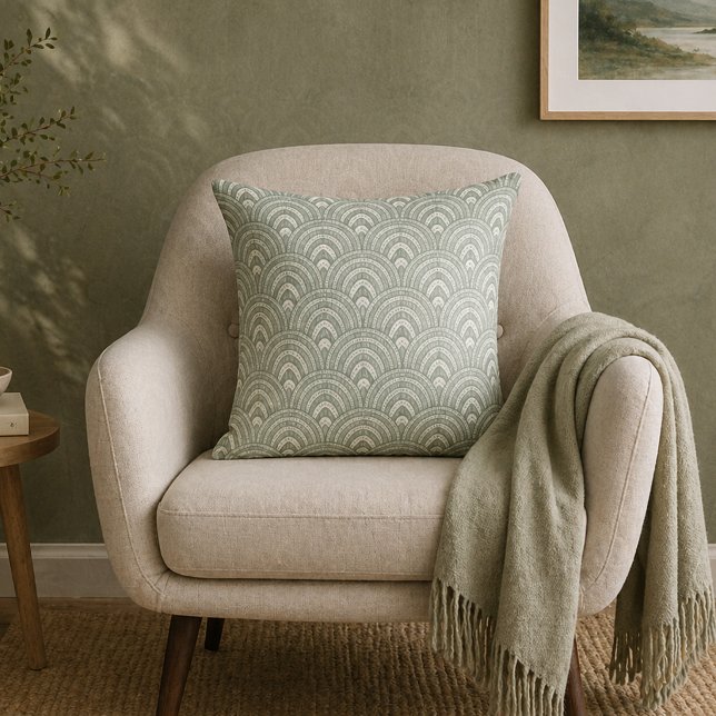 Art Deco Fan Pattern Sage Green Throw Pillow (Creator Uploaded)