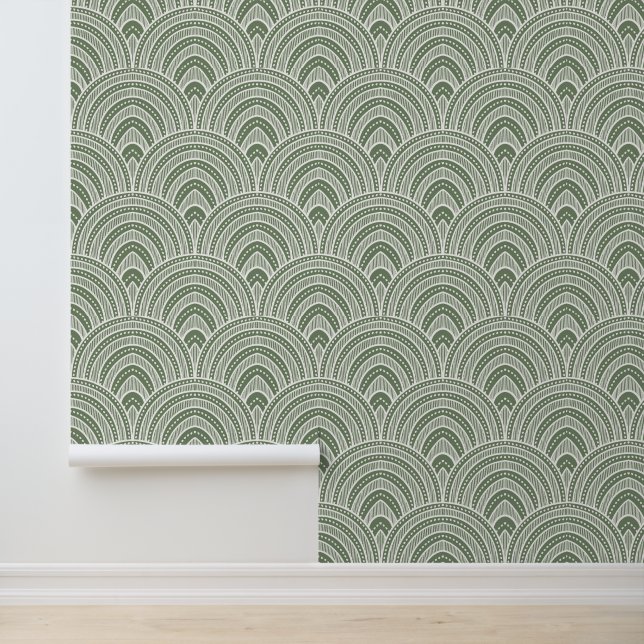 Art Deco Fan Pattern Sage Green Wallpaper (Application)