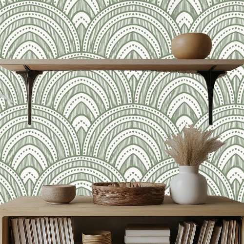 Art Deco Fan Pattern Sage Green Wallpaper