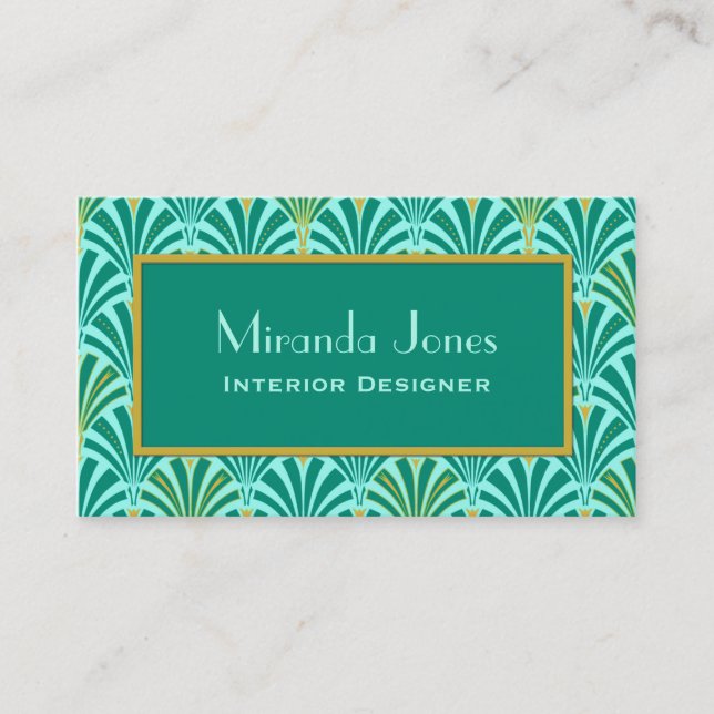 Art Deco fan pattern - turquoise on aqua Business Card (Front)