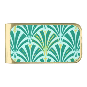 Art Deco fan pattern - turquoise on aqua Gold Finish Money Clip