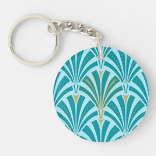 Art Deco fan pattern - turquoise on aqua Keychain