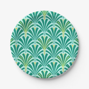 Art Deco fan pattern - turquoise on aqua Paper Plates