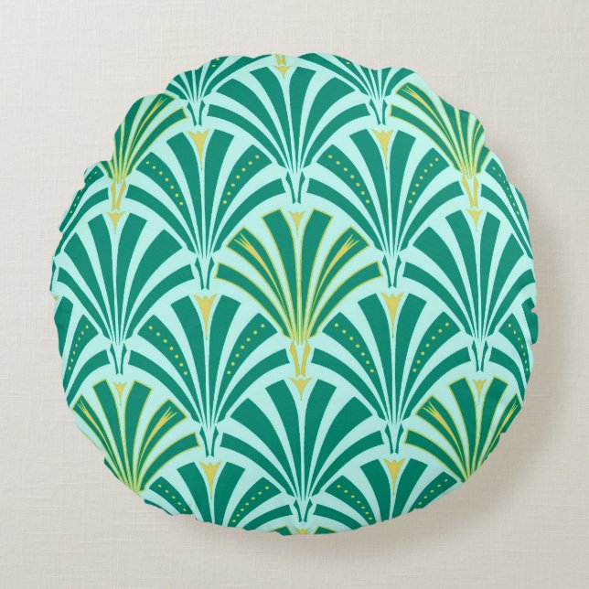 Art Deco fan pattern - turquoise on aqua Round Pillow (Front)