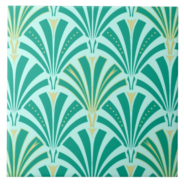 Art Deco fan pattern - turquoise on aqua Tile (Front)