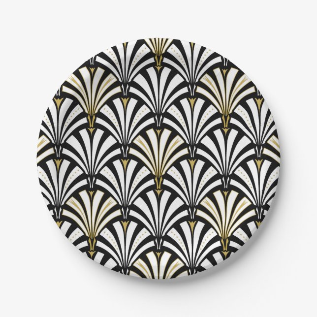 Art Deco fan pattern - white and black Paper Plates (Front)