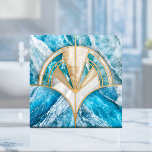 Art Deco Fan Shell - Blue and White Marble Ceramic Tile