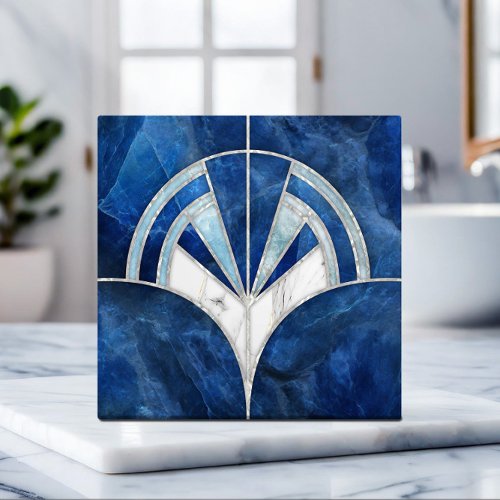 Art Deco Fan Shell _ Blue and White Marble Ceramic Tile