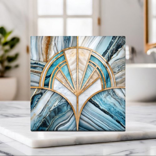 Art Deco Fan Shell _ Travertine and blue Marble Ceramic Tile