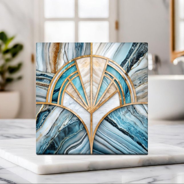 Art Deco Fan Shell - Travertine and blue Marble Ceramic Tile (Creator Uploaded)