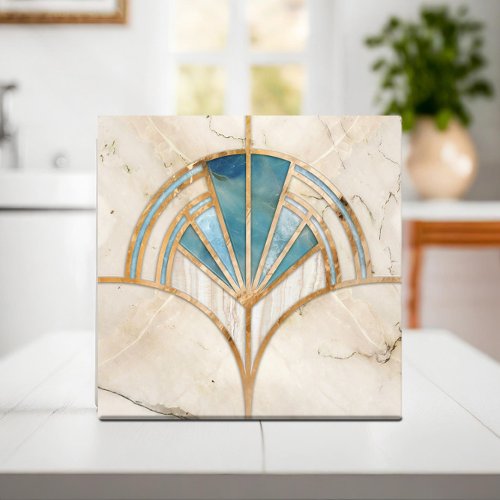 Art Deco Fan Shell _ Travertine and blue Marble Ceramic Tile