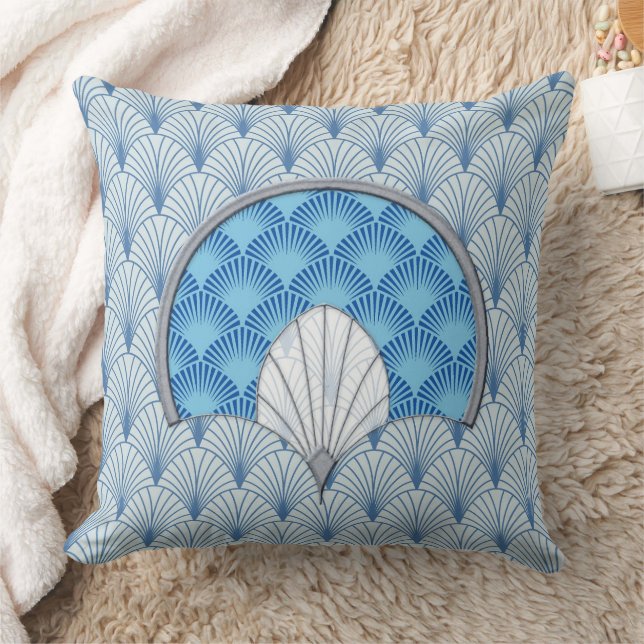 Art Deco Fan Style in Blue Throw Pillow (Blanket)