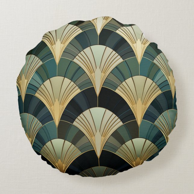 Art Deco fans - Gold on Emerald Round Pillow (Back)