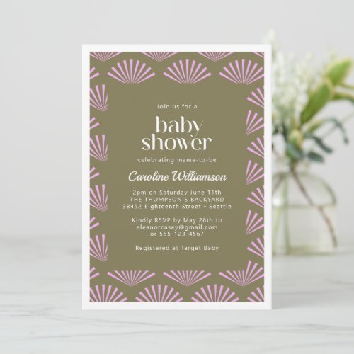 Art Deco Fans in Olive and Lilac Baby Shower Invitation
