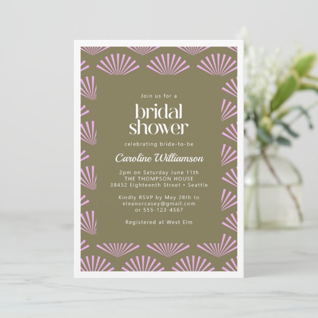 Art Deco Fans in Olive and Lilac Bridal Shower Invitation (Standing Front)