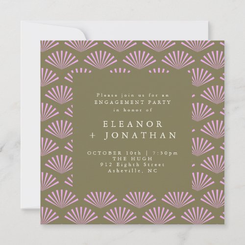 Art Deco Fans in Olive and Lilac Engagement Party Invitation