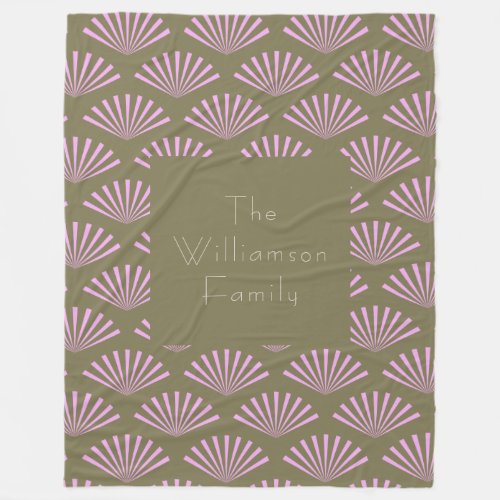 Art Deco Fans in Olive and Lilac Personalized Name Fleece Blanket