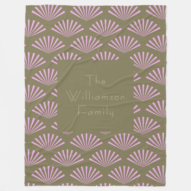 Art Deco Fans in Olive and Lilac Personalized Name Fleece Blanket (Front)