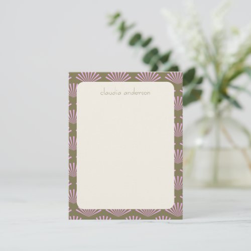 Art Deco Fans in Olive and Lilac Personalized Name Note Card