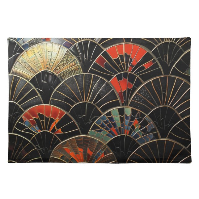 Art Deco Fans Orange and Black Halloween Cloth Placemat (Front)
