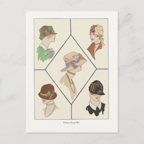 Art Deco Fashion Design Women in Hats 1920s Postcard