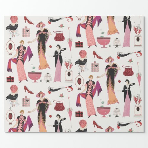 ART DECO FASHION IN PINK  BLACK TOILE DECOUPAGE WRAPPING PAPER