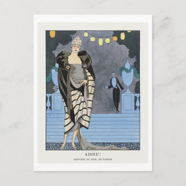 Art Deco Fashion Plate of Evening Coat by Barbier Postcard (Front)