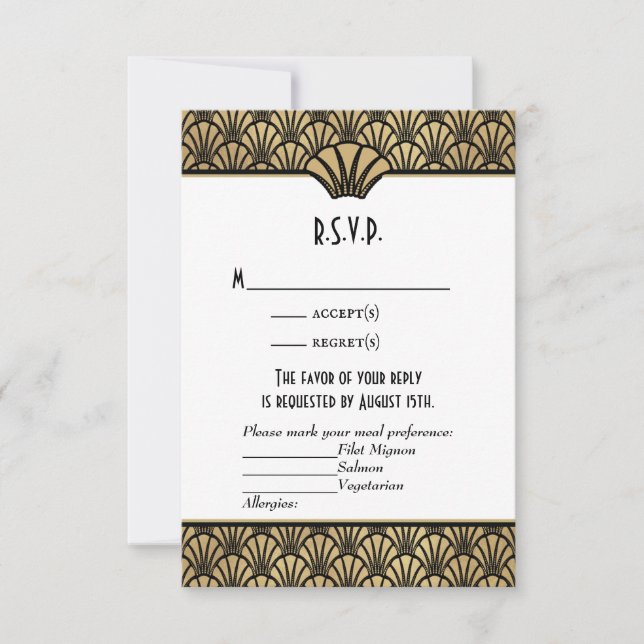 Art Deco Faux Gold Black Classic Wedding RSVP Card (Front)